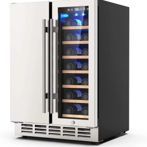 Ecojoy Wine and Beverage Refrigerator, 24 Inch Dual Zone Wine Fridge, Under Counter Wine Cooler Fridge Built-In or Freestanding, Holds 20 Bottles and 57 Cans