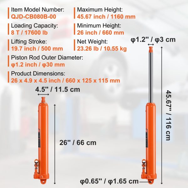 BENTISM Hydraulic Long Ram Jack, 8 Ton Engine Hoist Cylinder with Double Piston Pump And Clevis Base, Hydraulic Ram Cylinder for Engine Lift Hoists, Hydraulic Garage/Shop Cranes, Mechanical, Farm - Image 7