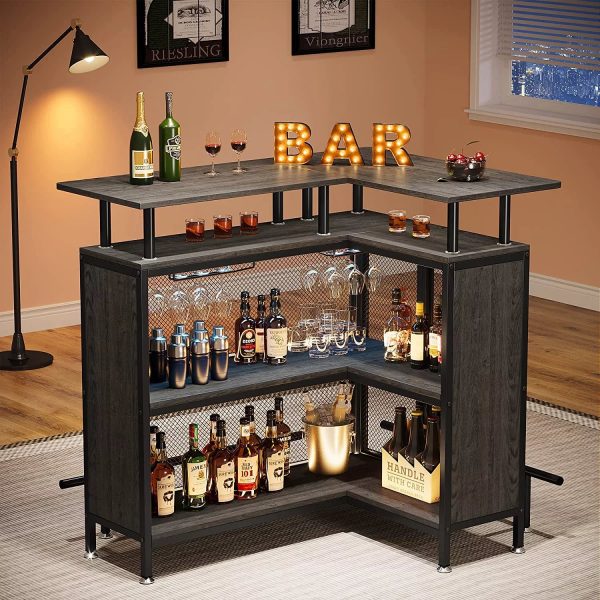 FJU Home Bar Unit, L-shaped Bar Table with Stemware Racks and 2-tier Shelves, Corner Mini Coffee Liquor Cabinet with Footrest for Home/Kitchen/Pub, Gray - Image 2