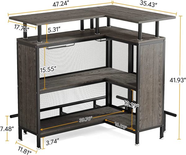 FJU Home Bar Unit, L-shaped Bar Table with Stemware Racks and 2-tier Shelves, Corner Mini Coffee Liquor Cabinet with Footrest for Home/Kitchen/Pub, Gray - Image 7