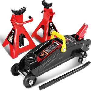 DNA Motoring TOOLS-00280 Low Profile Hydraulic Trolley Service/Floor Jack Combo with 2 Ratchet Jack Stands