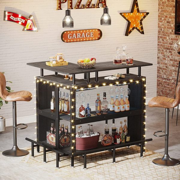 FJU Home Bar Unit, L-shaped Bar Table with Stemware Racks and 2-tier Shelves, Corner Mini Coffee Liquor Cabinet with Footrest for Home/Kitchen/Pub, Gray - Image 3