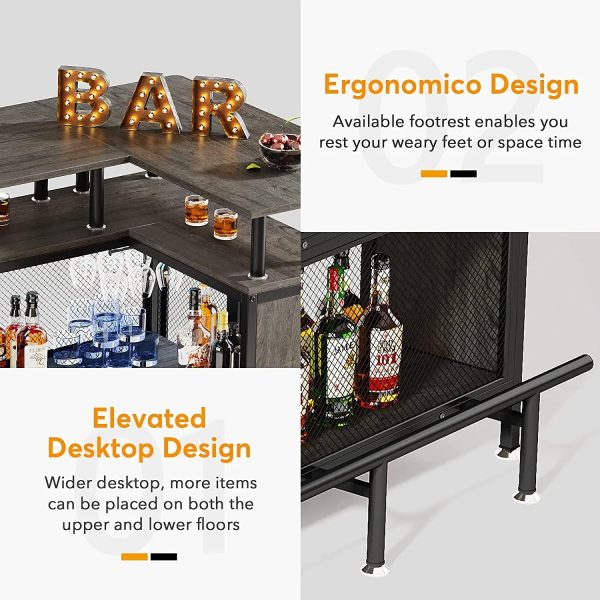 FJU Home Bar Unit, L-shaped Bar Table with Stemware Racks and 2-tier Shelves, Corner Mini Coffee Liquor Cabinet with Footrest for Home/Kitchen/Pub, Gray - Image 5