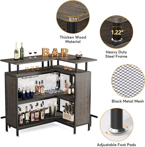 FJU Home Bar Unit, L-shaped Bar Table with Stemware Racks and 2-tier Shelves, Corner Mini Coffee Liquor Cabinet with Footrest for Home/Kitchen/Pub, Gray - Image 6