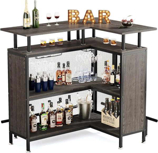 FJU Home Bar Unit, L-shaped Bar Table with Stemware Racks and 2-tier Shelves, Corner Mini Coffee Liquor Cabinet with Footrest for Home/Kitchen/Pub, Gray - Image 8