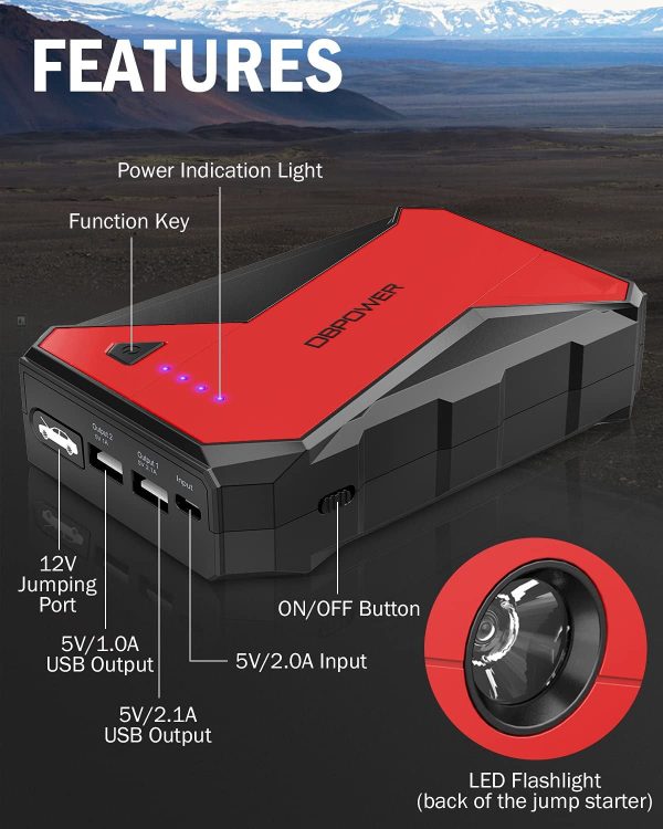DBPOWER 1000A Portable Car Jump Starter 12V Lithium-Ion Auto Battery Booster Power Pack - Image 6