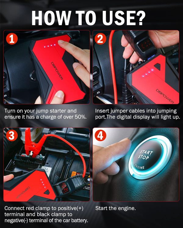 DBPOWER 1000A Portable Car Jump Starter 12V Lithium-Ion Auto Battery Booster Power Pack - Image 5