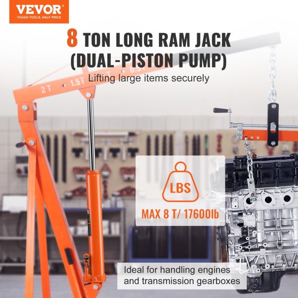 BENTISM Hydraulic Long Ram Jack, 8 Ton Engine Hoist Cylinder with Double Piston Pump And Clevis Base, Hydraulic Ram Cylinder for Engine Lift Hoists, Hydraulic Garage/Shop Cranes, Mechanical, Farm - Image 2