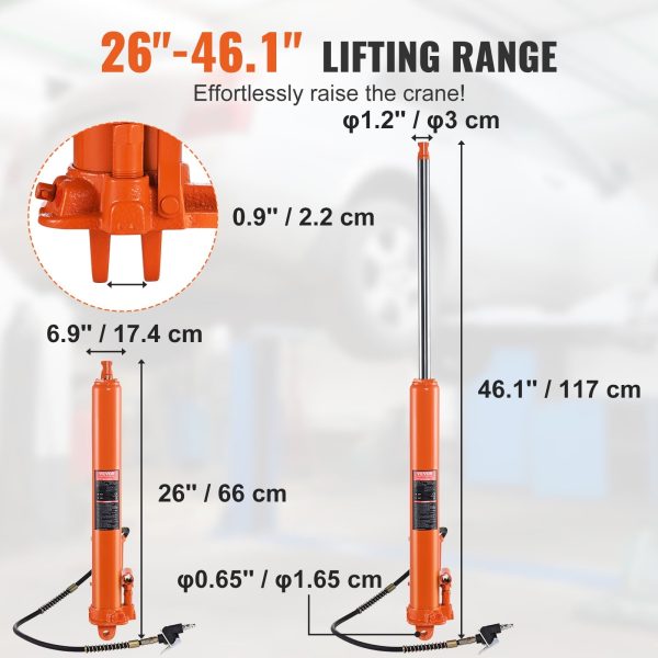 BENTISM Hydraulic Long Ram Jack, 8 Ton Engine Hoist Cylinder with Air Pump and Single Piston Pump, Hydraulic Ram Cylinder Clevis Base for Engine Lift Hoists, Garage/Shop Cranes, Mechanical, Farm - Image 3