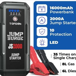 Car Battery Charger Jump Starter, TOPDON JS2000 12V 2000A Peak Battery Jump Start for Up to 8L Gas/6L Diesel Engines