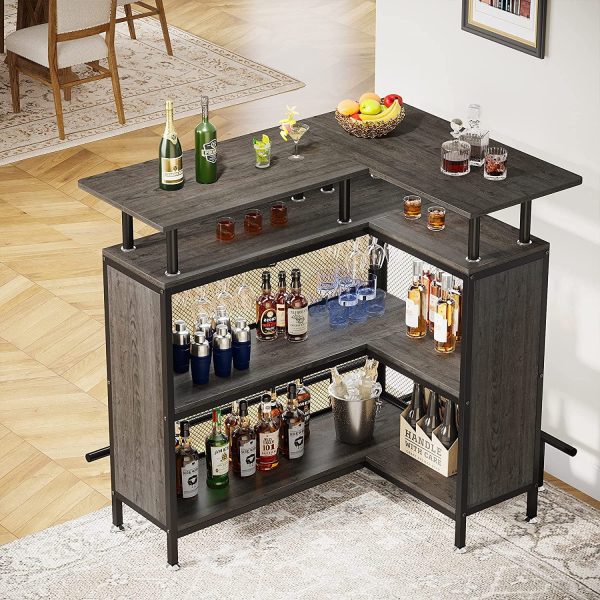 FJU Home Bar Unit, L-shaped Bar Table with Stemware Racks and 2-tier Shelves, Corner Mini Coffee Liquor Cabinet with Footrest for Home/Kitchen/Pub, Gray - Image 4