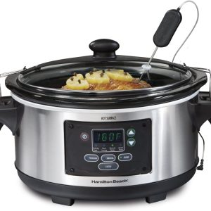 Hamilton Beach Portable 6-Quart Set and Forget Digital Programmable Slow Cooker with Lid Lock， Temperature Probe， Stainless Steel