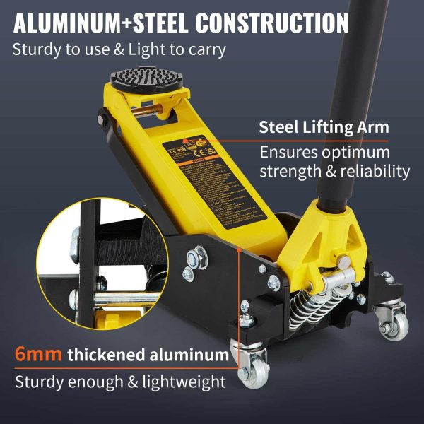 BENTISM Low Profile Floor Jack 1.5 Ton (3300 lbs), Aluminum and Steel Hydraulic Racing Floor Jack, Dual Piston Quick Lift Pump, 3-3/20" - 14-10/27" Height Lifting Range, Yellow+Black - Image 4