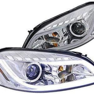 DRL LED Light Bar Strip Projector Headlight Head Lamp Replacement in Chrome Housing Clear Lens Made For And Compatible With 2006 - 2013 Chevy Chevrolet Impala 06 07 08 09 10 11 12 13