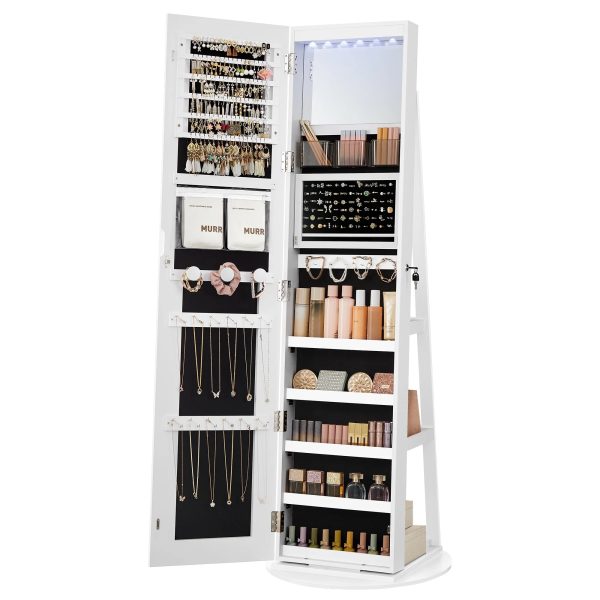 SONGMICS LED Mirror Jewelry Cabinet Standing Jewelry Armoire Organizer Box with Full-Length Mirror and Adjustable LED Lights White - Image 5
