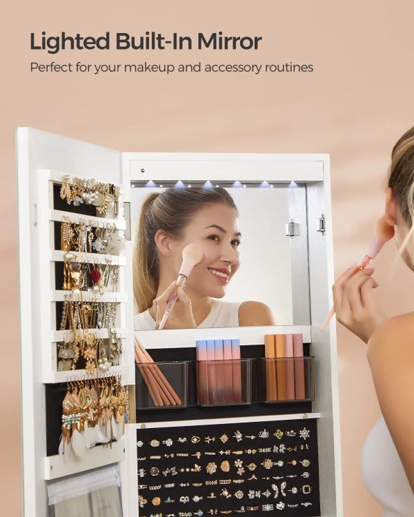 SONGMICS LED Mirror Jewelry Cabinet Standing Jewelry Armoire Organizer Box with Full-Length Mirror and Adjustable LED Lights White - Image 6
