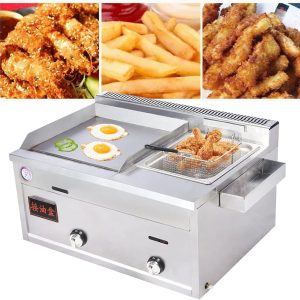 Commercial Deep Fryer with Griddle, Large Capacity Countertop Propane Gas Deep Fryer 2-Burner Stainless Steel Countertop Oil Fryer with Basket & Lid for Commercial & Home