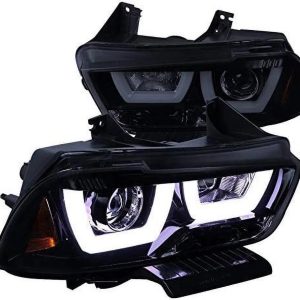 DRL LED Light Bar Strip Projector Headlight Head Lamp Replacement in Gloss Black Housing Smoke Lens Made For And Compatible With 2011 - 2014 Dodge Charger 11 12 13 14