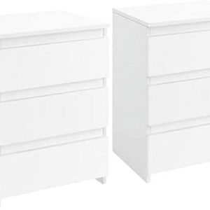 AYFDEGT 2PCS 3-Drawer Nightstands White Bedside Tables with Space Modern Bedside Cabinet Units with Sturdy Base Small Bedside Cupboards for Bedroom Small Space
