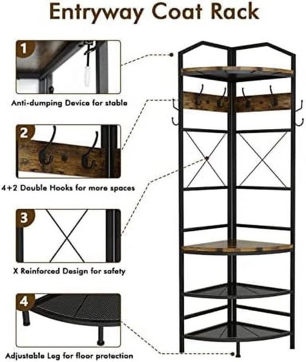 AYFDEGT 3-in-1 Entryway Coat Rack Industrial Hall Tree Corner Cloth Rack with Bench Hallway Coat and Shoe Rack for Corner Entryway Organizer with Metal Shoe for Hallway Corner Entran - Image 3