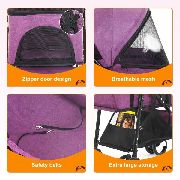 NiamVelo Pet Stroller 3-in-1 Detachable Dog Stroller with 4 Wheels Foldable Dog Travel Cart Cat Walker for Doggy Rabbit, Purple - Image 4