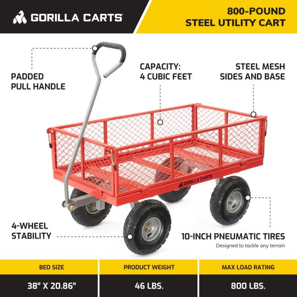 Gorilla Cart 800 Pound Capacity Heavy Duty Steel Mesh Utility Wagon Cart, Red - Image 7